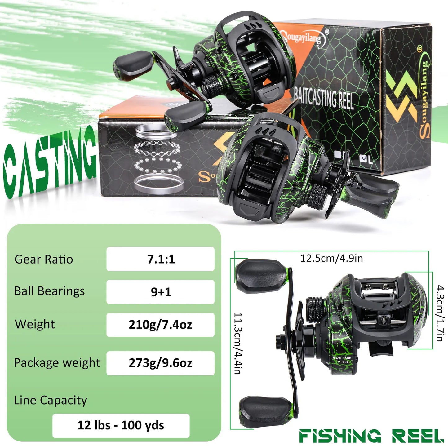 Bass Angler Baitcasting Reel 9+1BB 7.1:1 Gear Ratio Max Drag 22lbs-FREE Shipping